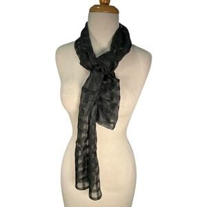 Bibi 100% Silk Sheer Scarf Black Gray Checkered Lightweight Long Elegant Classic